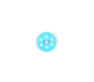 1 Polyesterknopf - Rund - Kleine Weiße Sterne - 15mm - 2-Loch - Türkis