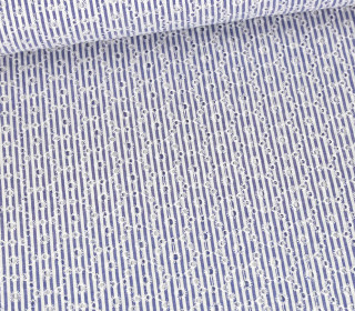 Baumwolle - Webware - Lochstickerei - Blüten - Streifen - Weiß/Jeansblau