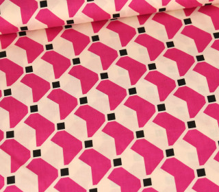 Viskose - Blusenstoff - Pinke Formen & schwarze Quadrate - Creme