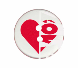 1 Polyesterknopf - 20mm - 2-Loch - Love - Transparent/Rot/Weiß
