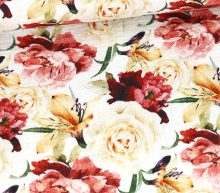 Musselin - Muslin - Double Gauze - Bedruckt - Watercolor Love - Roses & Lilies - Weiß