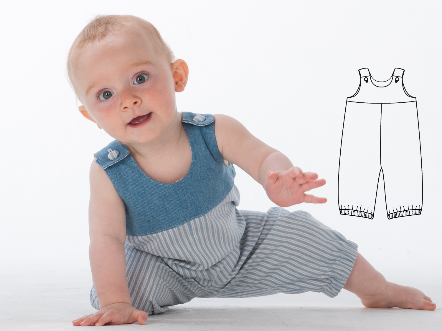 Kinder Schnittmuster pdf Baby Overall Latzhose mit Trägern für Mädchen +  Junge, gefüttert, mit Knöpfen + Gummizug BOBBY von Patternforkids Gr. 68 -  110